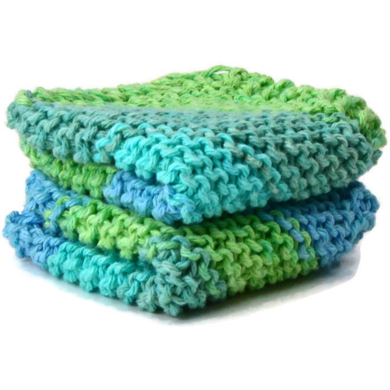 Hand Knit Dish Cloths, Set of 2, Knitted Dishcloths, Blue and Green Knit Dishcloths, Blue and Green Dish Rags image 4