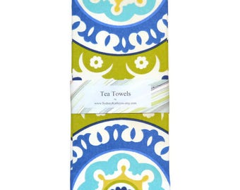 Theedoeken, blauwe en witte theedoeken, blauwe wijnstok en groene theedoeken, set van 2, decoratieve keukenhanddoeken