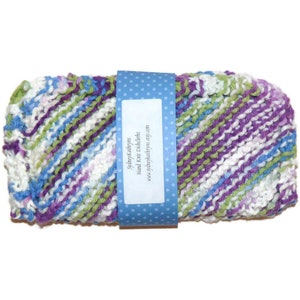 May include: A hand-knitted dishcloth in a colorful striped pattern of purple, green, blue, and white. The dishcloth is packaged with a blue label that reads "SydneyKathryns Hand Knit Dishcloths www.sydneykathryns.etsy.com".