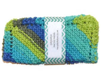 Hand Knit Dish Cloths,  Knitted Dishcloths, Hand Knitted Dishrags, Knitted Dish Cloths,Blue and Green Ombre