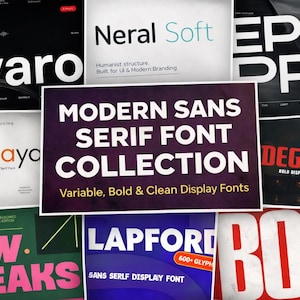 Könnte beinhalten: Eine Sammlung von Schriftarten, darunter "Elvaro", "Neral Soft" und "Epic Pro". Ein zentrales Schild zeigt "Modern Sans Serif Font Collection" mit "Variable, Bold & Clean Display Fonts" darunter. Weitere Schriftarten sind "Agmayo", "Degustay", "Now Breaks", "Lapford" und "Bond".