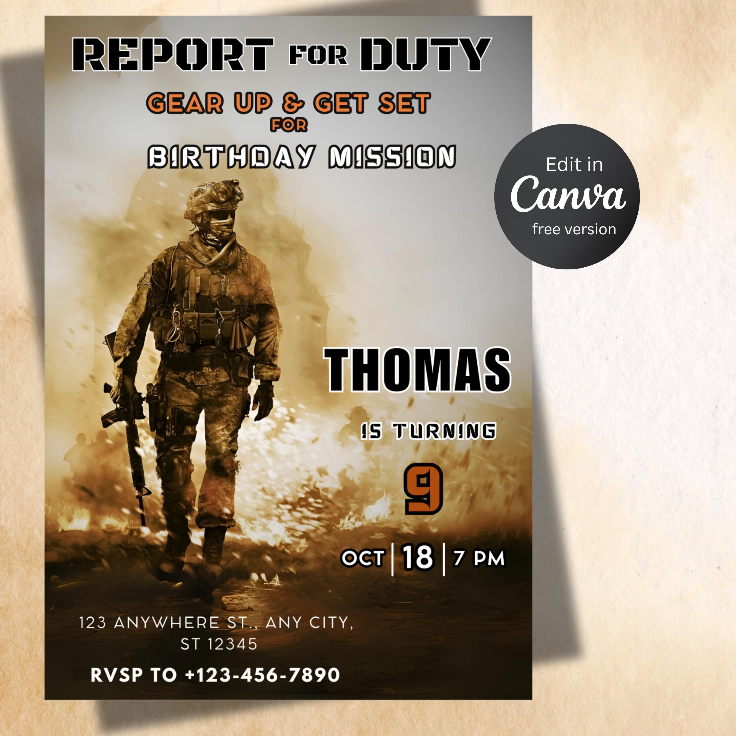 Army Birthday Invitation | Editable Canva War Theme Invite | Military ...