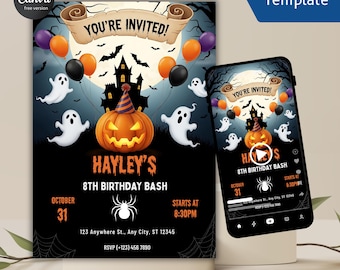 May include: Halloween-themed invitation template featuring a jack-o'-lantern, ghosts, and balloons. The invitation reads "You're Invited!" and includes details for a birthday bash. The design is displayed on a card and a smartphone.