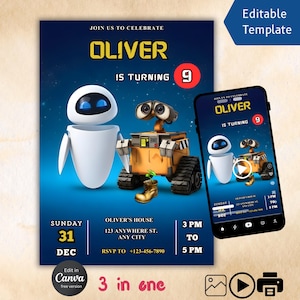 Może przedstawiać: Cyfrowy szablon zaproszenia na przyjęcie urodzinowe. Projekt zawiera tekst "OLIVER IS TURNING 9" z kreskówkowymi robotami na ciemnoniebieskim tle. Smartfon wyświetla zaproszenie. Edytowalne w Canva.