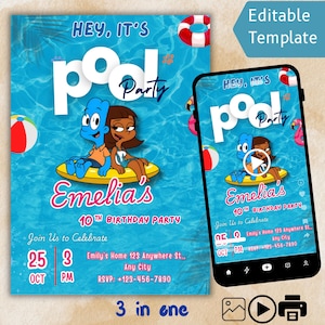 Like Bluey Pool Party Birthday Invitation | Editable Canva Template | Summer Bluey Party Invite | 3-in-1 Video + Printable  5x7 + Digital
