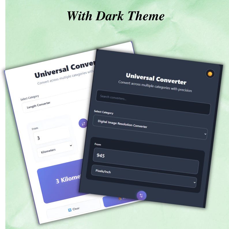 May include: Two digital interface designs for a "Universal Converter" are displayed. One is white with a light blue accent, and the other is dark blue. Both feature text and input fields for converting units, including length and digital image resolution.