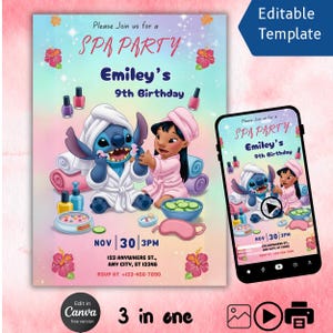 May include: A spa party invitation featuring Stitch and Lilo in spa attire. The invitation includes the text "SPA PARTY" and "Emiley's 9th Birthday". The design is set against a pastel background with floral accents and a smartphone displaying the same design.