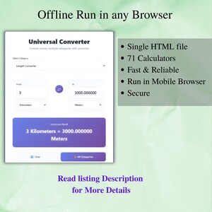 May include: Screenshot of a "Universal Converter" webpage, displaying a length conversion from 3 kilometers to 3000 meters. The page includes options for category selection and a clear button. Additional text highlights features like a single HTML file and 71 calculators.