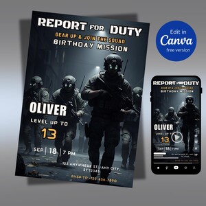 Invitation d'anniversaire de l'armée | Rapport Canva modifiable pour le devoir | Fête de jeu militaire | Invitation imprimable et vidéo | Modèle de style de guerre