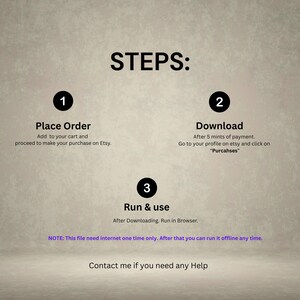 May include: A beige graphic with the word "STEPS:" in bold black letters. Below, numbered steps explain how to place an order, download, and run a file. The text includes instructions for Etsy purchases and offline use.