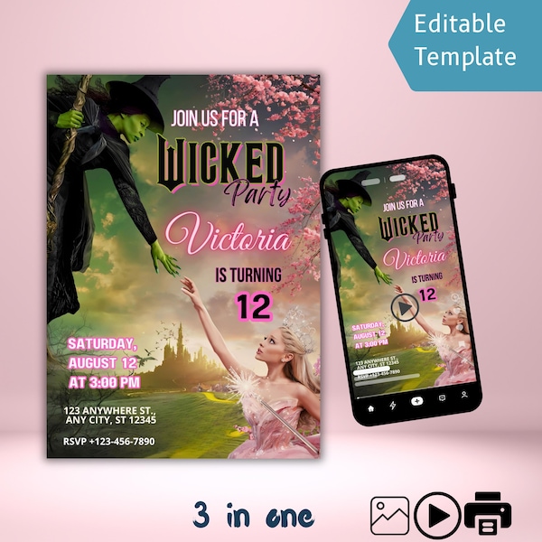 Inbjudan till födelsedagsfest med onda ögon | Videoinbjudan med Elphaba och Glinda-tema (digitalt och utskrivbart)