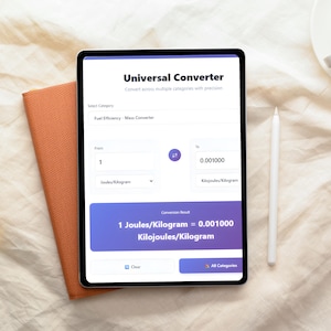 May include: A tablet displaying a "Universal Converter" app, converting Joules/Kilogram to Kilojoules/Kilogram. The screen shows the conversion result: 1 Joules/Kilogram = 0.001000 Kilojoules/Kilogram. An orange notebook and a white stylus are also visible.