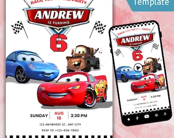 Lightning McQueen Birthday Invitation: Cars Movie Party, Editable Canva Template (Digital & Printable Video Invite)