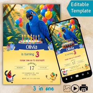 May include: A birthday party invitation template featuring a blue macaw, balloons, and a birthday cake. The invitation reads "Olivia is turning 3" with event details. The words "Editable Template" and "3 in one" are also visible.