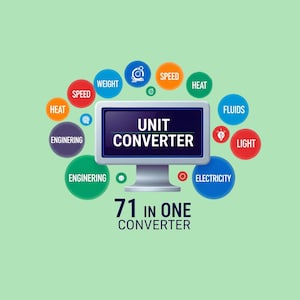 Könnte beinhalten: Eine digitale Illustration eines Einheitenumrechners mit einem Bildschirm, auf dem "UNIT CONVERTER" steht. Das Bild ist von farbigen Kreisen umgeben, die mit Begriffen wie "SPEED", "WEIGHT" und "ELECTRICITY" beschriftet sind. Der Text "71 IN ONE CONVERTER" ist ebenfalls sichtbar.