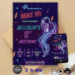 May include: A digital birthday invitation card featuring a neon-style graphic of a person dancing, with the text BEAT IT, JACKSON'S 9TH BIRTHDAY, and event details including Saturday Sept 30 2029, 3:00 PM to 7:00 PM, and RSVP to MOM 123-456-7890.