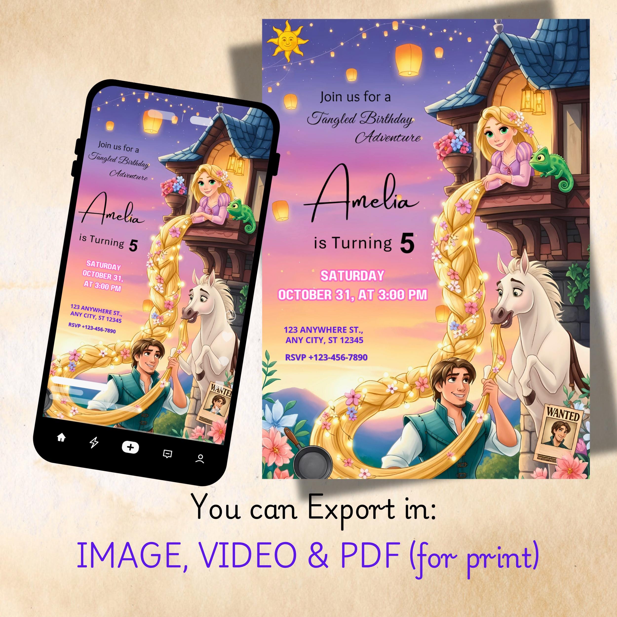 Tangled Rapunzel Birthday Invitation: Princess Party Canva Template ...