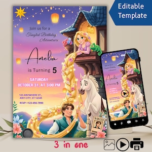 Op de afbeelding: Een digitale uitnodigingssjabloon met een sprookjesthema. Het ontwerp bevat illustraties van een prinses, een paard en een prins, met de tekst "Amelia is Turning 5". De uitnodiging is geplaatst tegen een zonsondergangachtergrond met zwevende lantaarns.