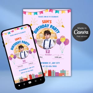 Aangepaste afdrukbare bewerkbare uitnodiging, jongen en meisje verjaardagsuitnodiging, sjabloon feestuitnodiging, feestvarken Canva sjabloon bewerken | Digitale uitnodiging