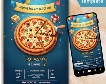 May include: A birthday party invitation with a pizza theme. The invitation features a pizza on a wooden board, balloons, and the text "Join us for a slice of fun." The invitation is for Jackson's 7th birthday.