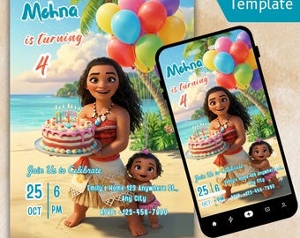 May include: A birthday invitation featuring a cartoon character holding a cake and balloons. The invitation includes the text "Mehna is turning 4" and event details. The design is displayed on a card and a smartphone.