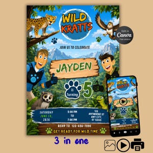 Puede incluir: Una plantilla de invitación de cumpleaños de Wild Kratts con personajes de dibujos animados, un leopardo, un águila y un lémur sobre un fondo de bosque de montaña. El texto incluye el nombre Jayden, la edad 5, detalles y un smartphone.