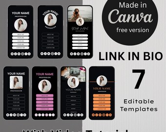 May include: Seven editable Link in Bio templates for Instagram or other social media. The templates are black with white text and feature a profile picture, profession, about me, links, and contact information. The templates are made in Canva and include a video tutorial.
