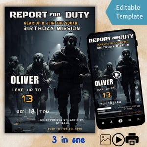May include: A digital invitation with a military theme. The design features soldiers in tactical gear, the text "Report for Duty," and details for a birthday mission. Includes a phone mockup and a "3 in one" graphic.