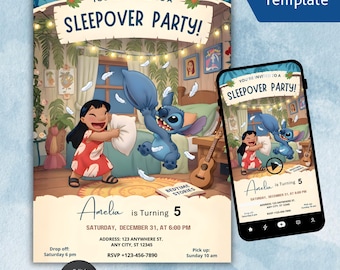 May include: A digital invitation template for a sleepover party, featuring a cartoon illustration of Lilo and Stitch. The invitation includes the text "You're Invited to a Sleepover Party!" and party details. The design is available in a 3-in-one editable format.