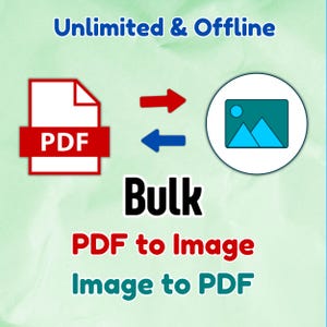 Może przedstawiać: Obraz z tekstem "Unlimited & Offline" u góry. Zawiera ikonę dokumentu PDF z czerwonym paskiem, ikonę obrazu w okręgu oraz strzałki wskazujące konwersję między formatami PDF i obrazu. Obecny jest również tekst "Bulk PDF to Image Image to PDF".