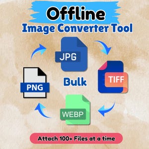 May include: A graphic for an offline image converter tool, featuring file type icons for JPG, PNG, TIFF, and WEBP, with arrows indicating conversion. The text includes "Offline Image Converter Tool", "Bulk", and "Attach 100+ Files at a time".