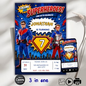 Henry Danger födelsedagsinbjudan | Redigerbar mall för superhjältefest (5x7, 4x6 och video)