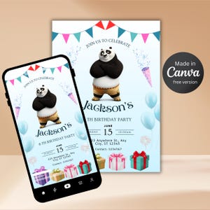 Invitación de cumpleaños editable de Kung Fu Panda / Plantilla digital para fiesta infantil con temática de Po / Invitación personalizable de Canva / Descarga digital instantánea