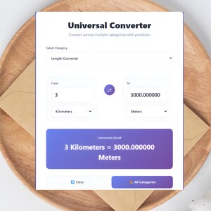 May include: A digital display of a universal converter, showing a conversion from 3 kilometers to 3000 meters. The interface is white with a purple and blue conversion result box. The text "Universal Converter" is at the top.