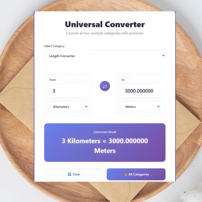 May include: A digital display of a universal converter, showing a conversion from 3 kilometers to 3000 meters. The interface is white with a purple and blue conversion result box. The text "Universal Converter" is at the top.