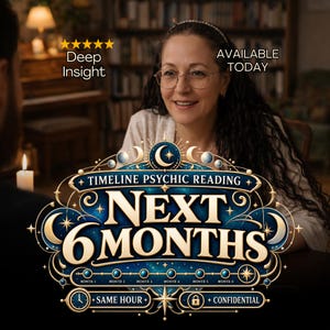 May include: A digital graphic for a psychic reading service featuring the text "TIMELINE PSYCHIC READING NEXT 6 MONTHS" with "Deep Insight", "AVAILABLE TODAY", "SAME HOUR", and "CONFIDENTIAL" labels, decorated with moon and star motifs.