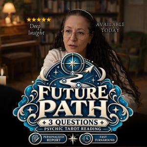 Puede incluir: Un diseño gráfico para un servicio de lectura de tarot psíquico titulado Future Path. El texto incluye Deep Insight, Available Today, 3 Questions, Personalized Report y Fast Turnaround. El diseño presenta un motivo de brújula y estrella azul.