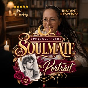 Puede incluir: Un gráfico digital con el texto Personalized Soulmate Portrait, Full Clarity e Instant Response. El diseño incluye un boceto a lápiz en blanco y negro de un hombre, rosas rojas, adornos dorados y un símbolo de luna creciente.