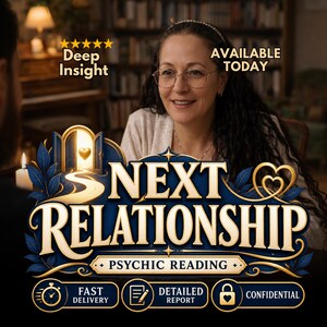 May include: A digital graphic for a psychic reading service titled NEXT RELATIONSHIP. The design features gold text on a dark blue background with decorative leaves, a glowing doorway with a heart, and icons for fast delivery, detailed report, and confidential.