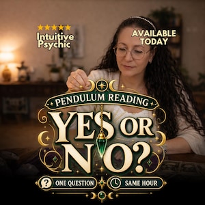 Op de afbeelding: Een grafische advertentie voor een pendellezing met de tekst Intuitive Psychic, Available Today, Pendulum Reading, Yes or No?, One Question en Same Hour. Een groen kristallen pendel hangt aan een gouden ketting in het midden.