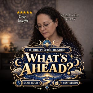 Può includere: Un annuncio grafico per un servizio di lettura psichica con il testo "FUTURE PSYCHIC READING WHAT'S AHEAD?" in oro e blu. Include cinque stelle gialle, il testo "Deep Insight", "AVAILABLE TODAY", "SAME HOUR" e "CONFIDENTIAL".