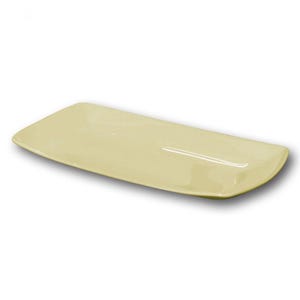 May include: A pale yellow rectangular serving platter with slightly rounded edges.