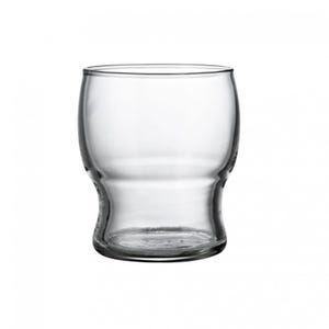 Puede incluir: Un vaso transparente de vidrio con una base ancha y un borde ligeramente acampanado.
