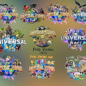 Op de afbeelding: Een collage van negen afbeeldingen met het Universal Studios-logo met verschillende cartoonfiguren uit populaire films en tv-programma's, waaronder Shrek, SpongeBob SquarePants, de Minions, Spider-Man en de Simpsons. De tekst "Family Vacation 2023" staat in het midden van de collage.