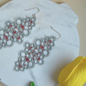Light Gray Tatting Earrings with Red Beads, Handmade Tatting Lace Jewelry, Romantic Gray Statement Earrings, Unique Textile Gift