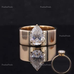 Cigar Wide Band Engagement Ring Pear Moissanite Ring 2.00 Ct Pear Cut Moissanite Wedding Ring Solitaire Diamond Ring Yellow Gold Bridle Ring
