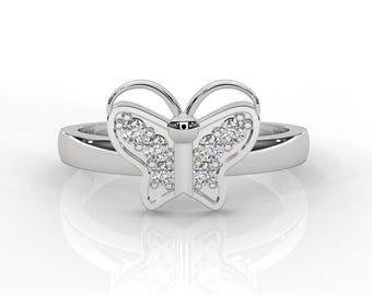 Anillo de mariposa con diamantes - Oro blanco - Anillo inspirado en la naturaleza - Alianza de bodas caprichosa