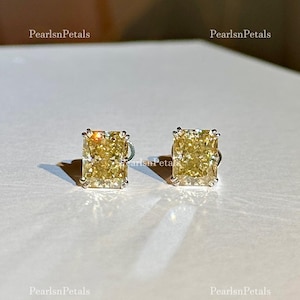 Canary Yellow Moissanite Stud Earrings: 18k White Gold Radiant Cut