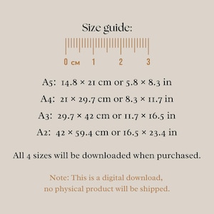 Pu&ograve; includere: Una guida alle dimensioni per stampe d'arte stampabili, che mostra le dimensioni in centimetri e pollici per i formati A5, A4, A3 e A2. Il testo indica che tutti e quattro i formati saranno scaricati all'acquisto e che si tratta di un download digitale, non verr&agrave; spedito alcun prodotto fisico.