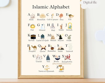 Poster con l'alfabeto islamico, dalla A alla Z, poster islamico, camera da letto per bambini, decorazioni per il Ramadan, casa musulmana, moschea, decorazioni per l'aula - Download digitale